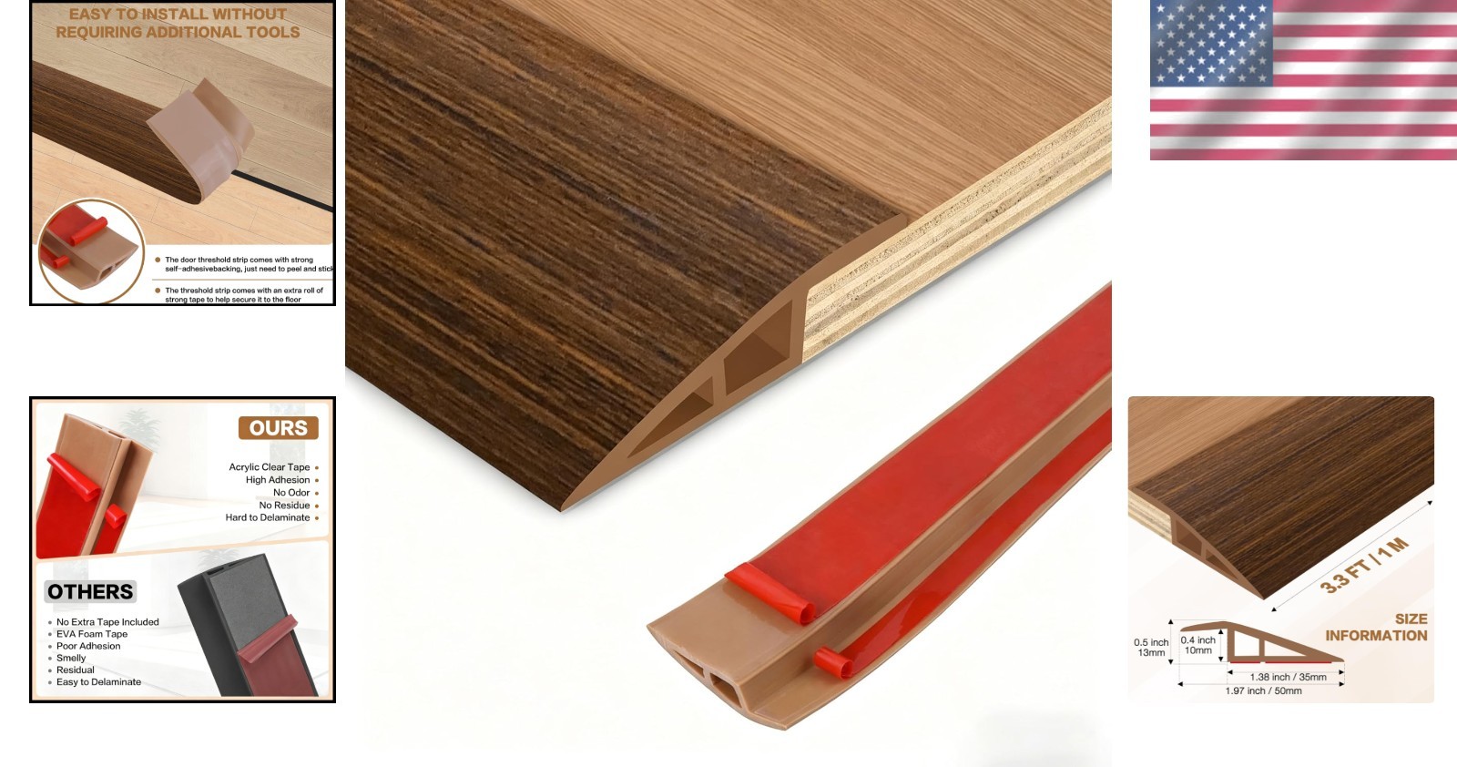 Durable Brown Wood Grain Floor Transition Strip – 3.3ft Easy Install Edge Trim