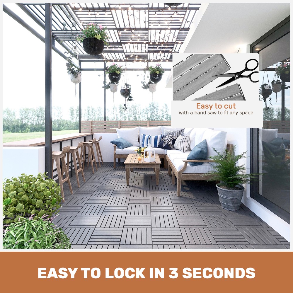 30PCS 12x12in Light Gray Acacia Wood Interlocking Deck Tiles Striped Outdoor