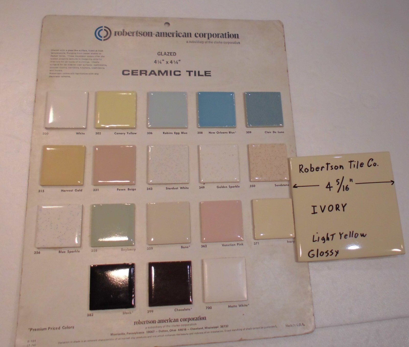 1 pc. Ivory – Light Yellow: 4-5/16″ Glossy Ceramic Tile by Robertson Co. NEW