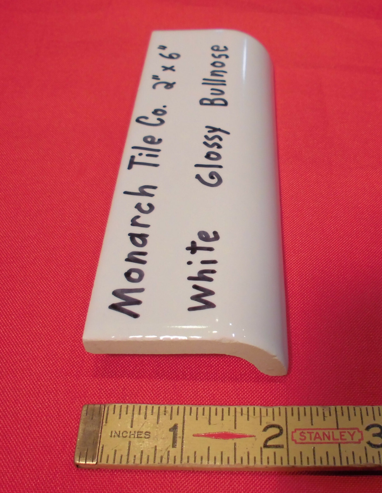 1 pc. Glossy White; 2″ X 6″ Ceramic Radius Bullnose Tile; New Mud Caps; Monarch