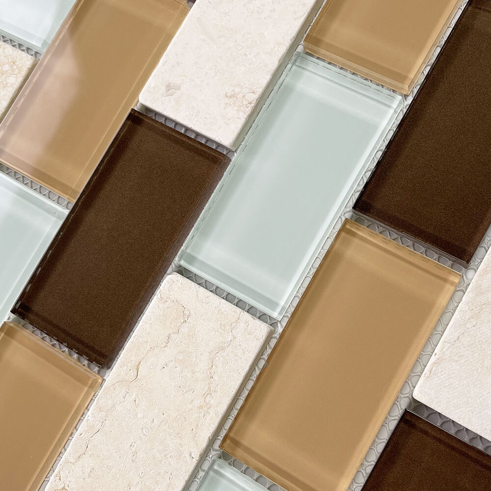 A64002 Glass Mosaic Tile White Brown Yellow Glass Mix Beige Travertine 2×4