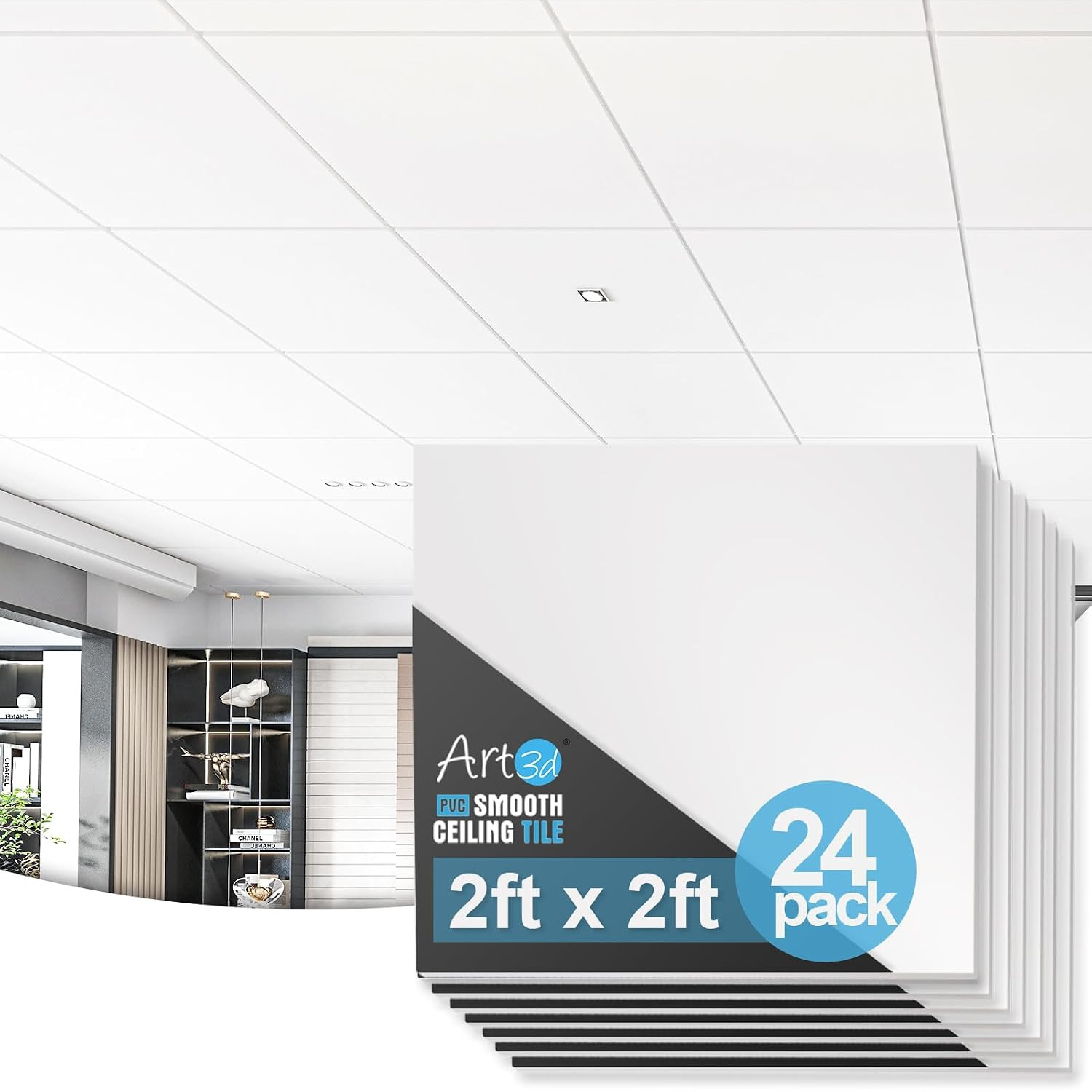 Art3D PVC Drop Ceiling Tiles in White – 24X24In, Waterproof Smooth Tiles Cover 9