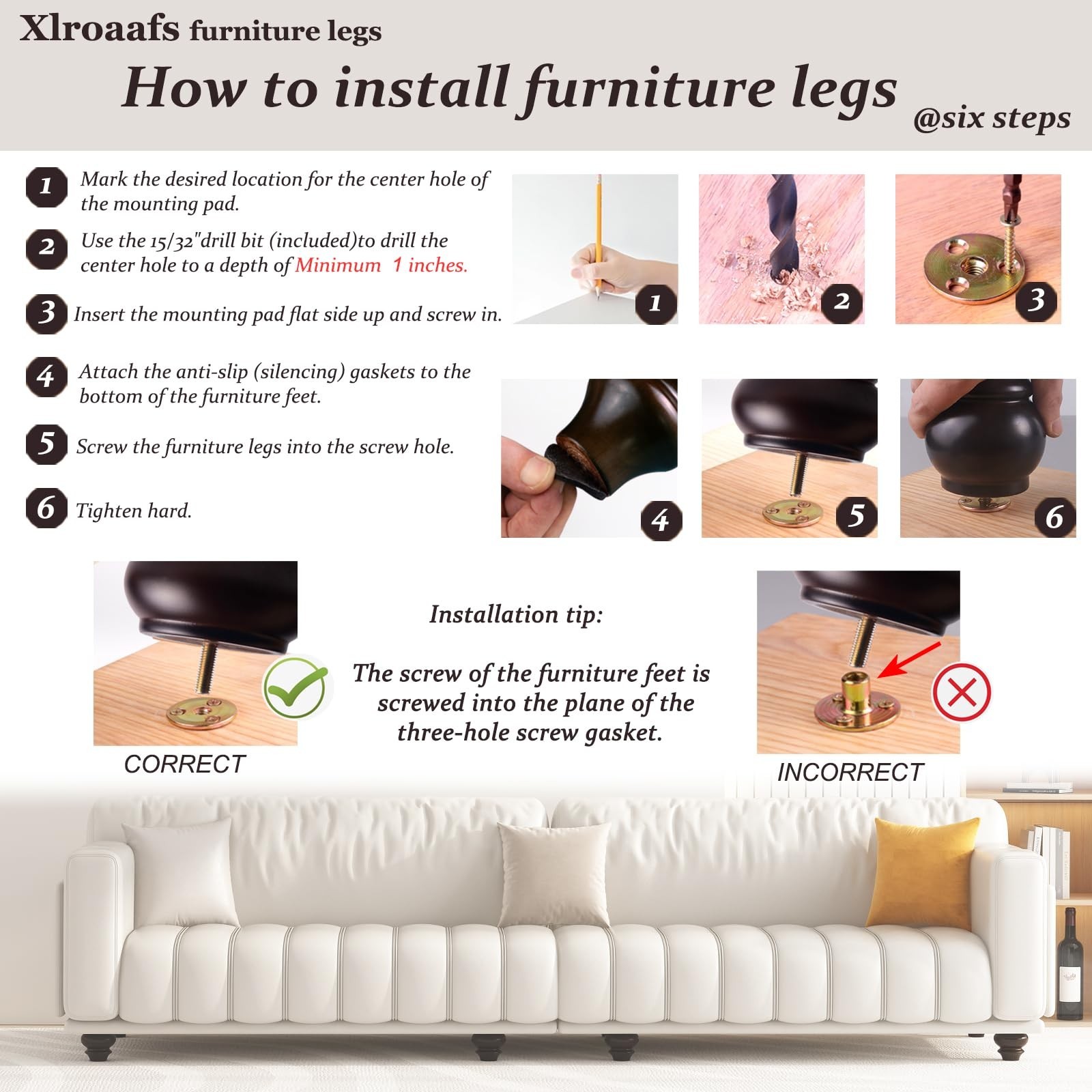 Wood Legs for Furniture Set of 4 Couch Legs 3 inch,Replacement Sofa Legs Wood…