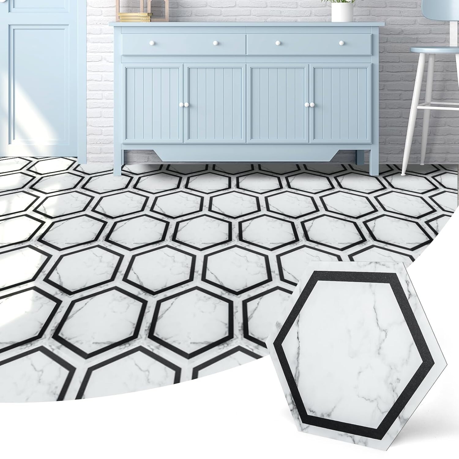 Art3d 22 Pack 11.8″ x 10.2″ White Marble Hexagon Peel and Stick Flooring Tile