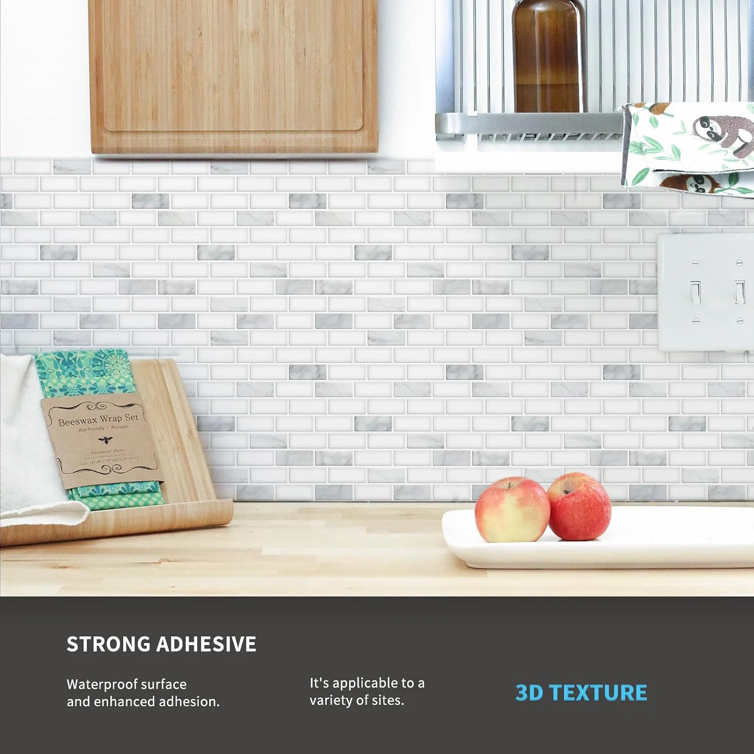 10-Pack Peel and Stick Stone Backsplash Tile, 12″ x 12″, White Marble | Strong A