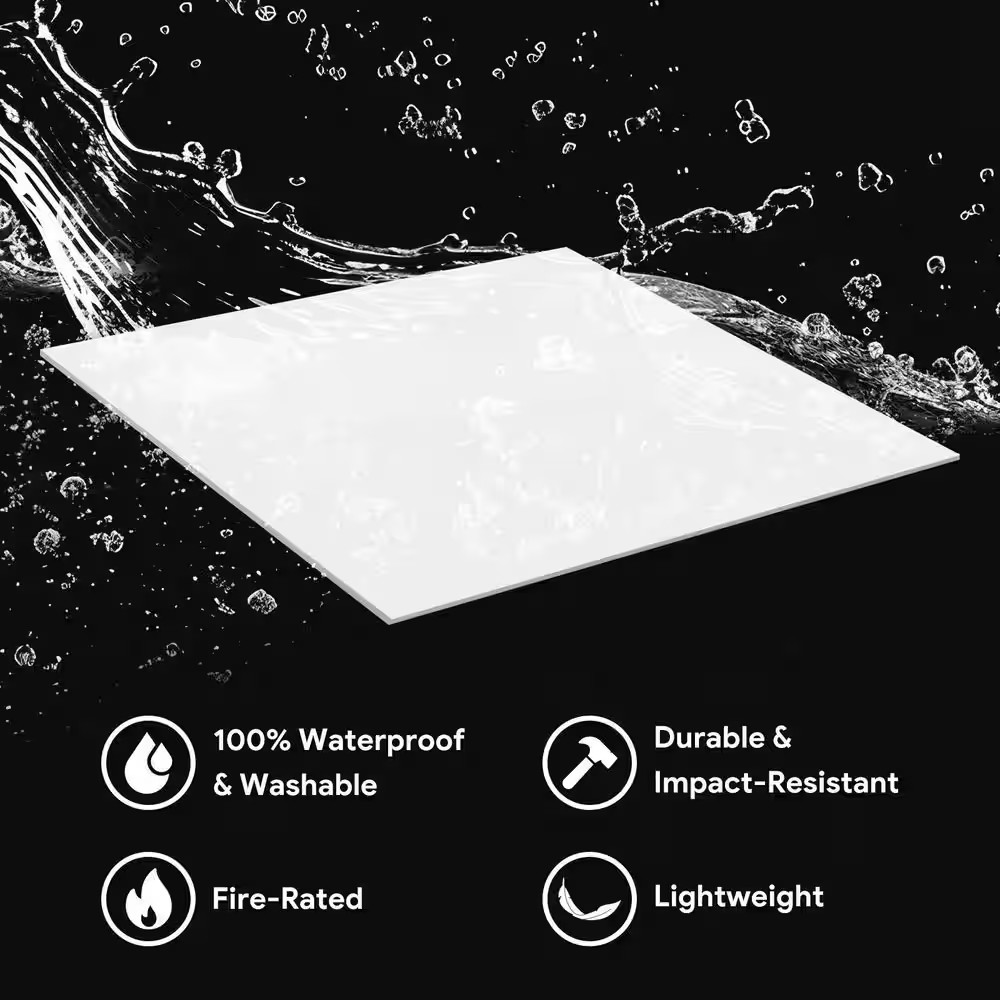 2 Ft. X 2 Ft. Smooth White High-Grade PVC Drop Ceiling Tile, Waterproof, Washabl
