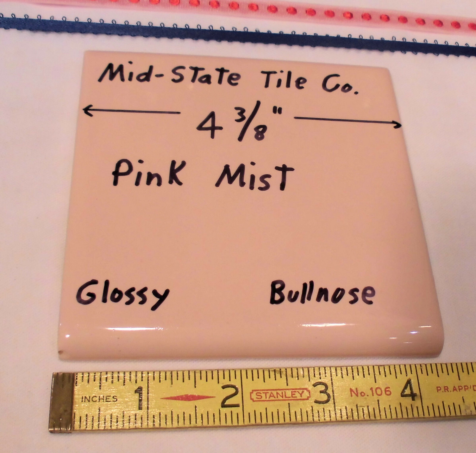 1 pc. Pink Mist – Peachy: Glossy Surface Bullnose Tile: 4-3/8″ Mid-State Co.