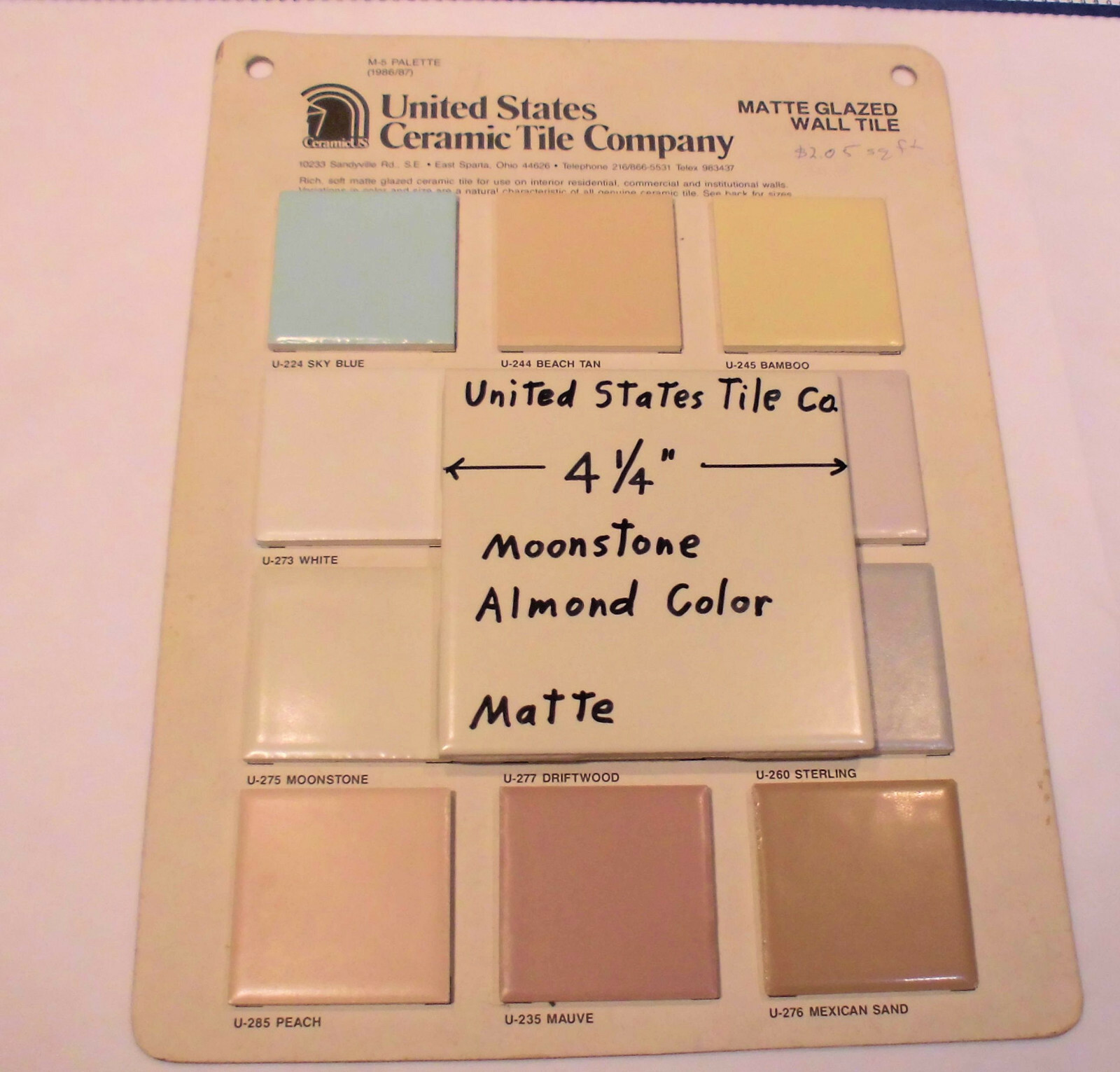 1 pc. *Almond – Moonstone* Matte Ceramic Tile 4-1/4″ (NOS) Made in USA
