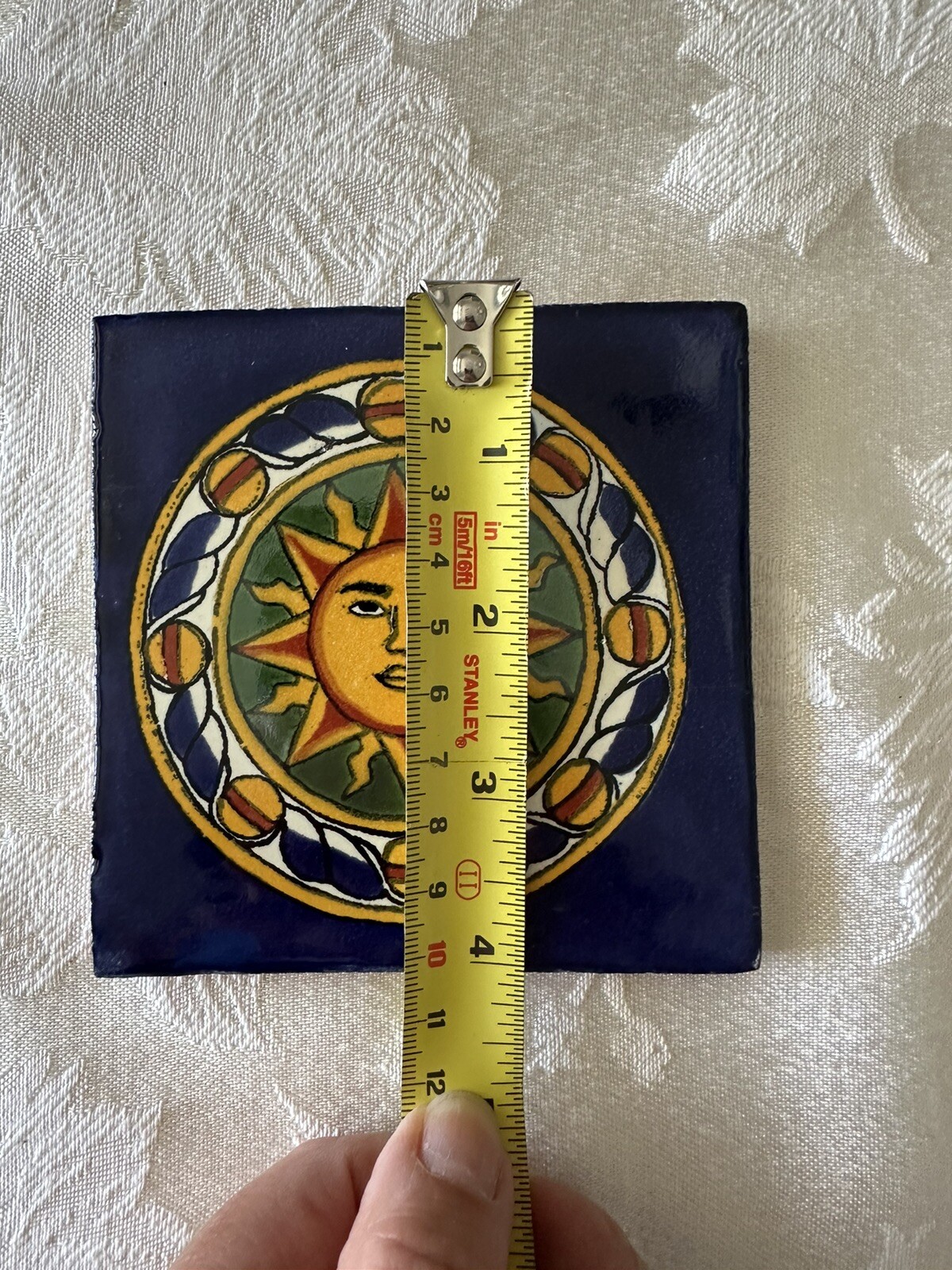 Mexican Red Clay Tile Folk Art Sun Handmade Talavera Backsplash Hand painted 4″