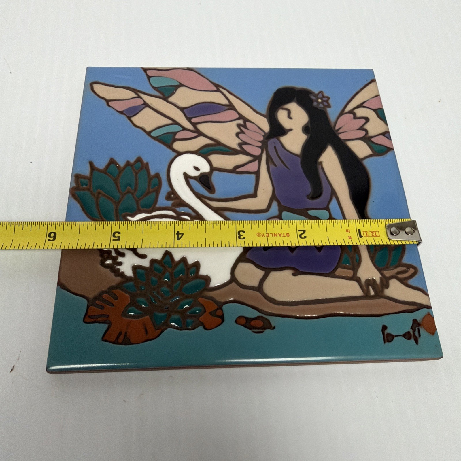 Ceramic Art Tile 6″x6″ Fairy Pixie Women Butterfly / Goose Hand Painted