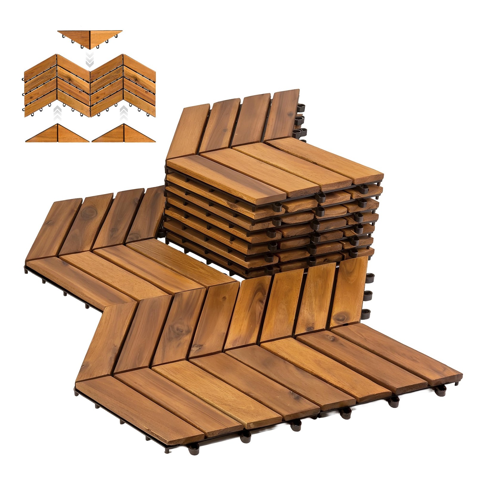 Interlocking Deck Tiles, 8-Pack Herringbone Acacia Wood Patio Tiles with 2 Ed…