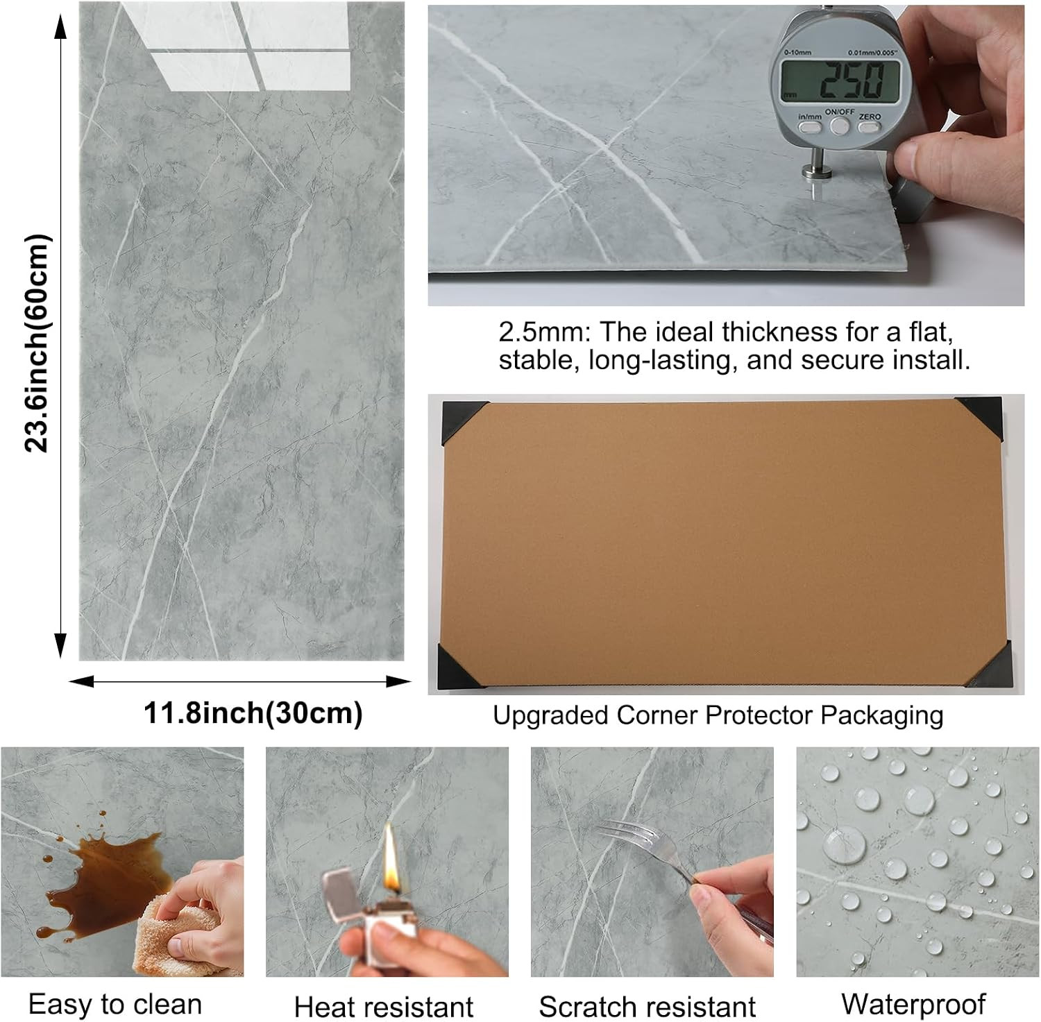 10Pcs Grey Marble Wall Panels 23.6″X11.8″ PVC Waterproof Tiles Peel and Stick Wa
