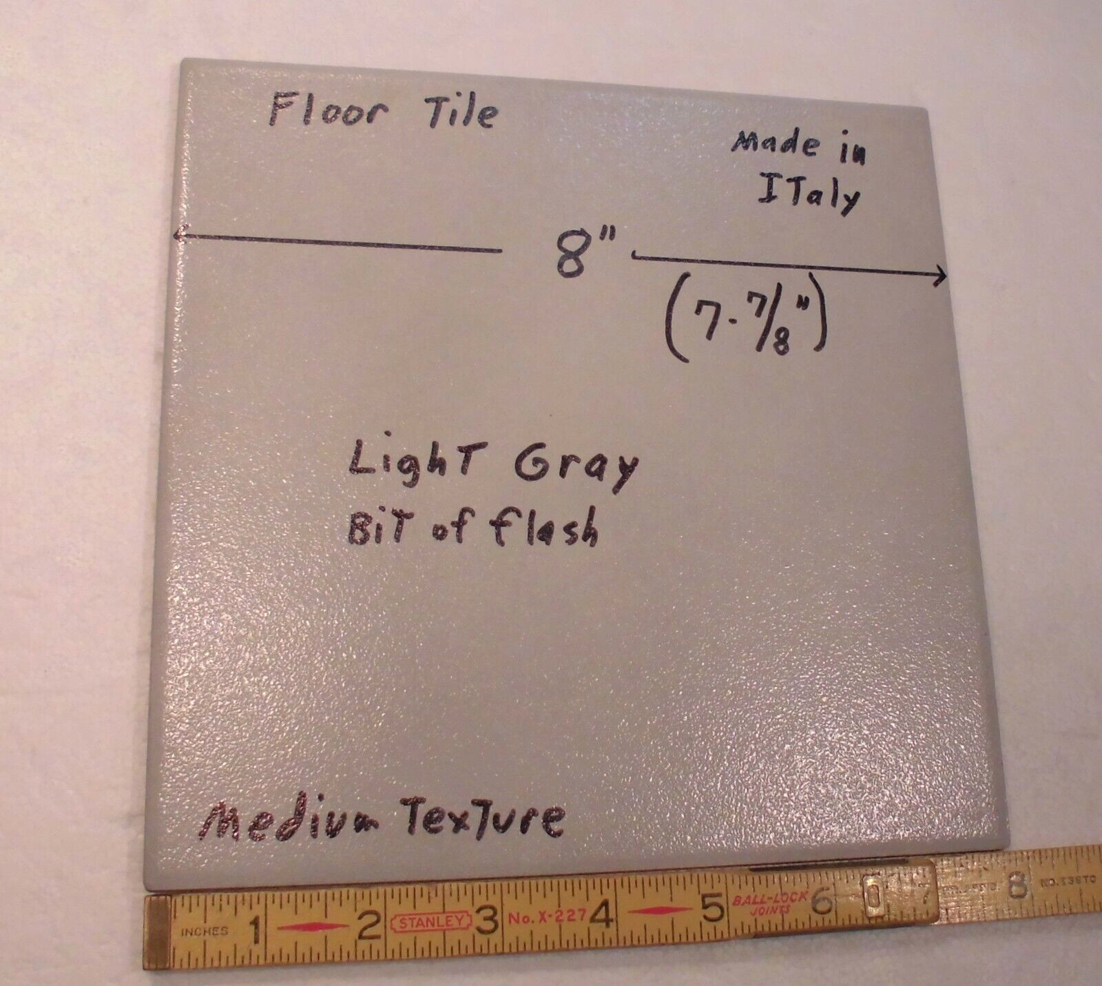 1 pc. “Light Gray” 7-7/8″ Ceramic Floor Tile: Medium Textured, Italian, flash