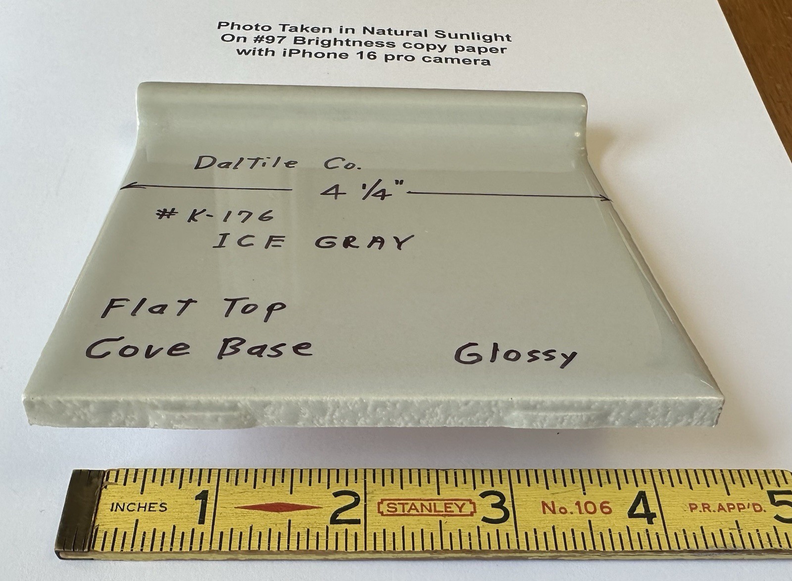 1 pc. Gloss Ice-Gray: stack-on-top Cove Base Ceramic Tile, 4-1/4″ by Daltile NEW