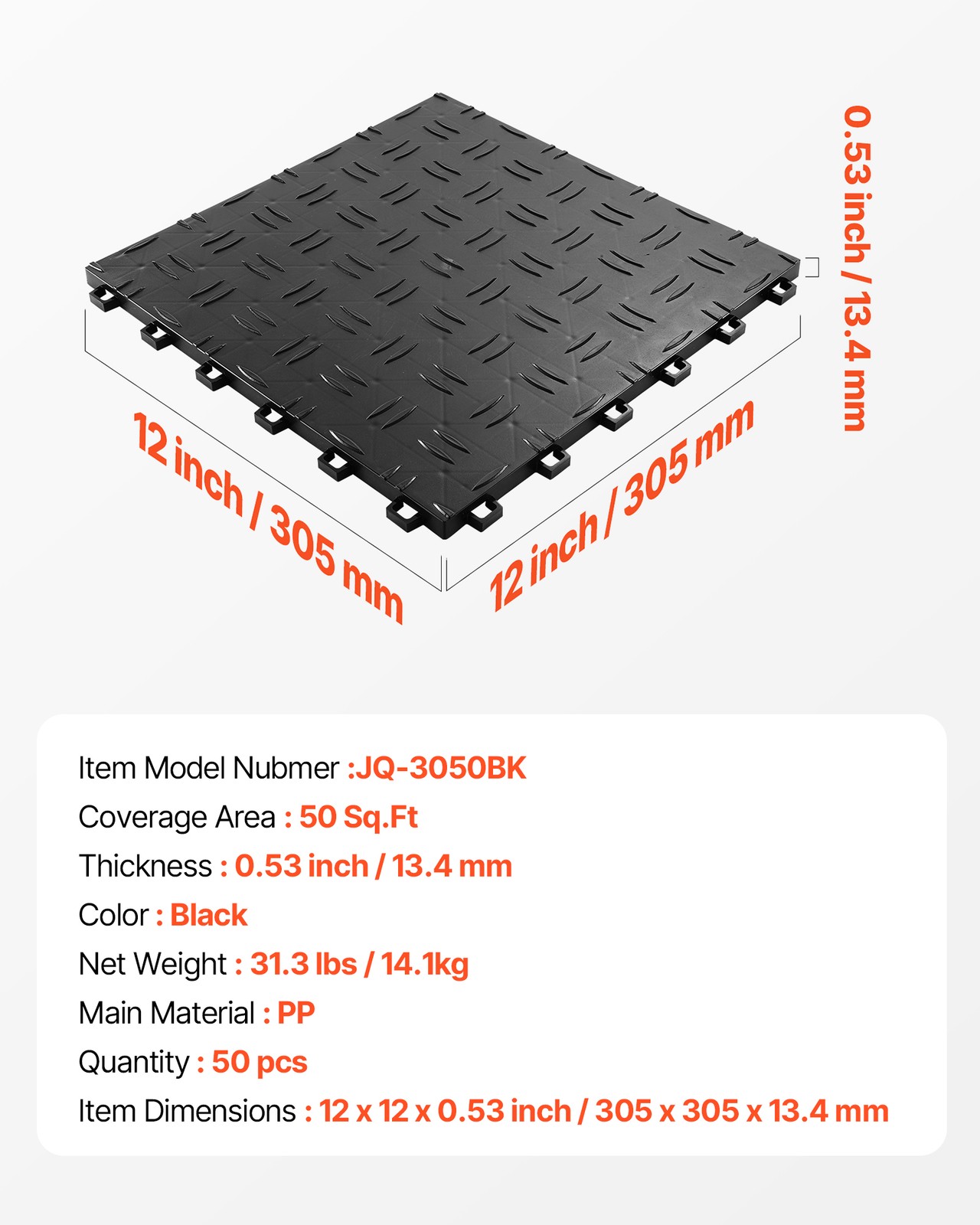 VEVOR Garage Tiles Interlocking 12×12 in 50 Pack Garage Flooring Tiles Black