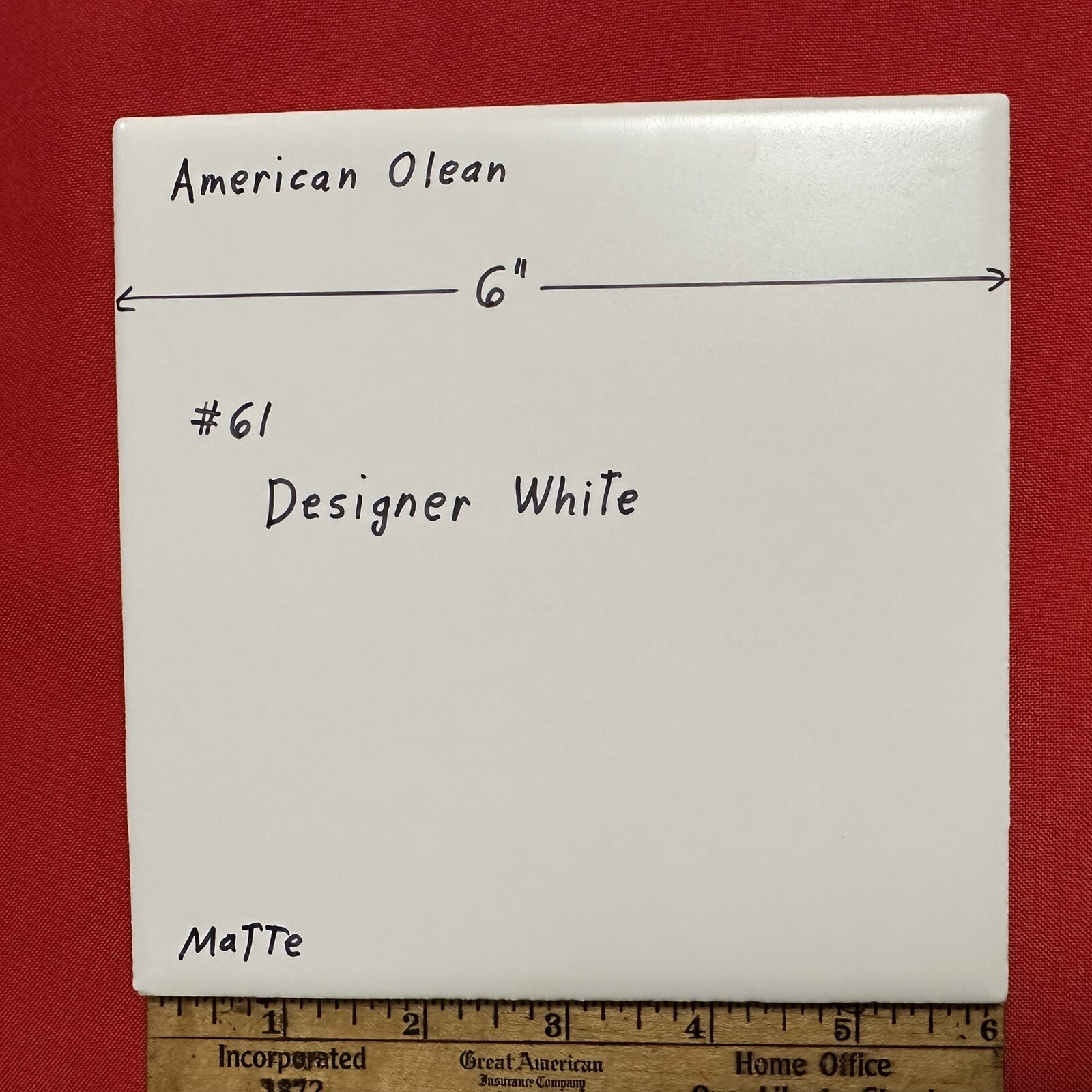 1 pc. *Matte Designer White* #61 by American Olean 6″ X 6″ Ceramic Tile: NEW