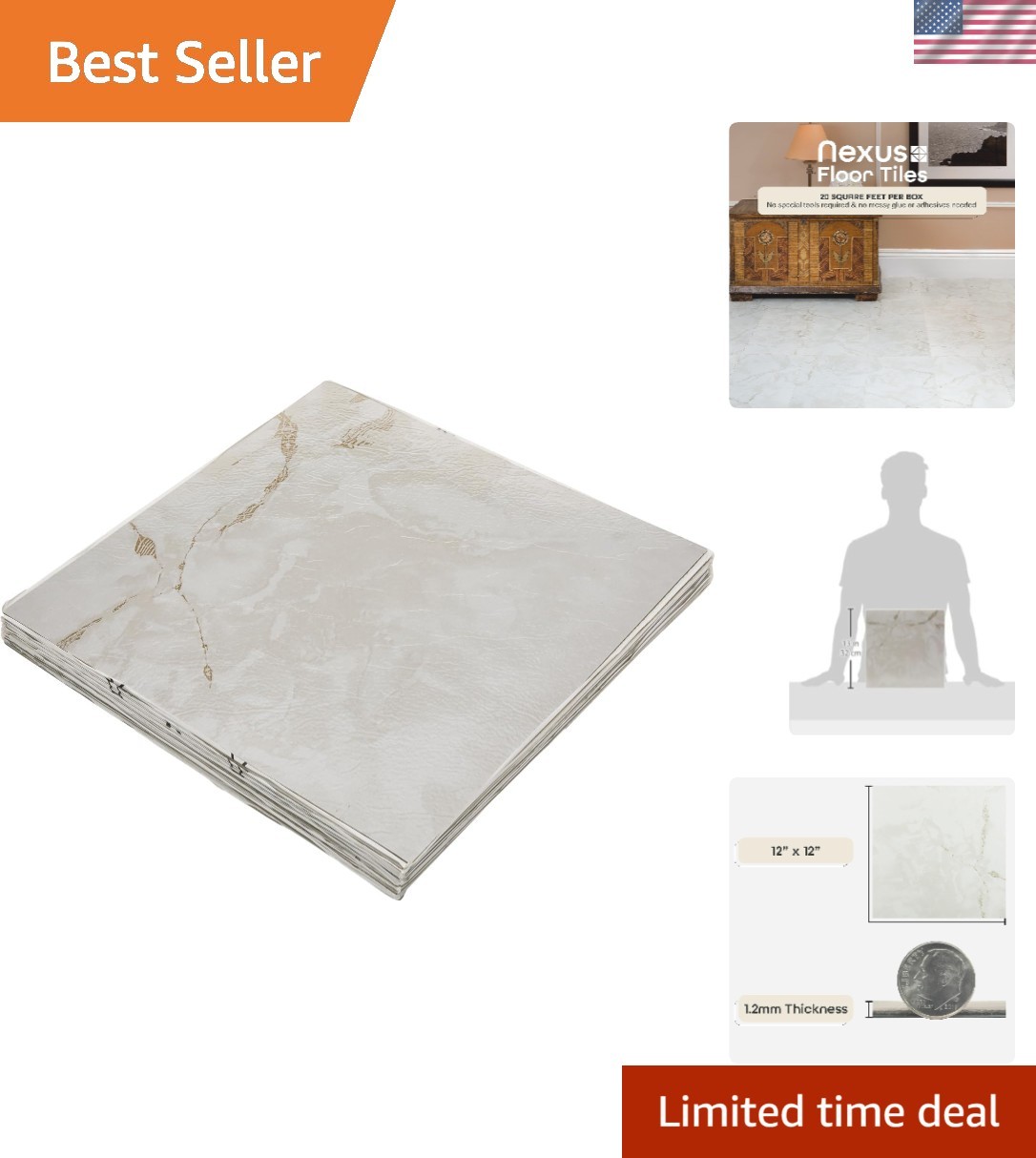Nexus Self Adhesive 12-Inch Vinyl Floor Tiles, 20 Tiles – 12″ x 12″, Classic …