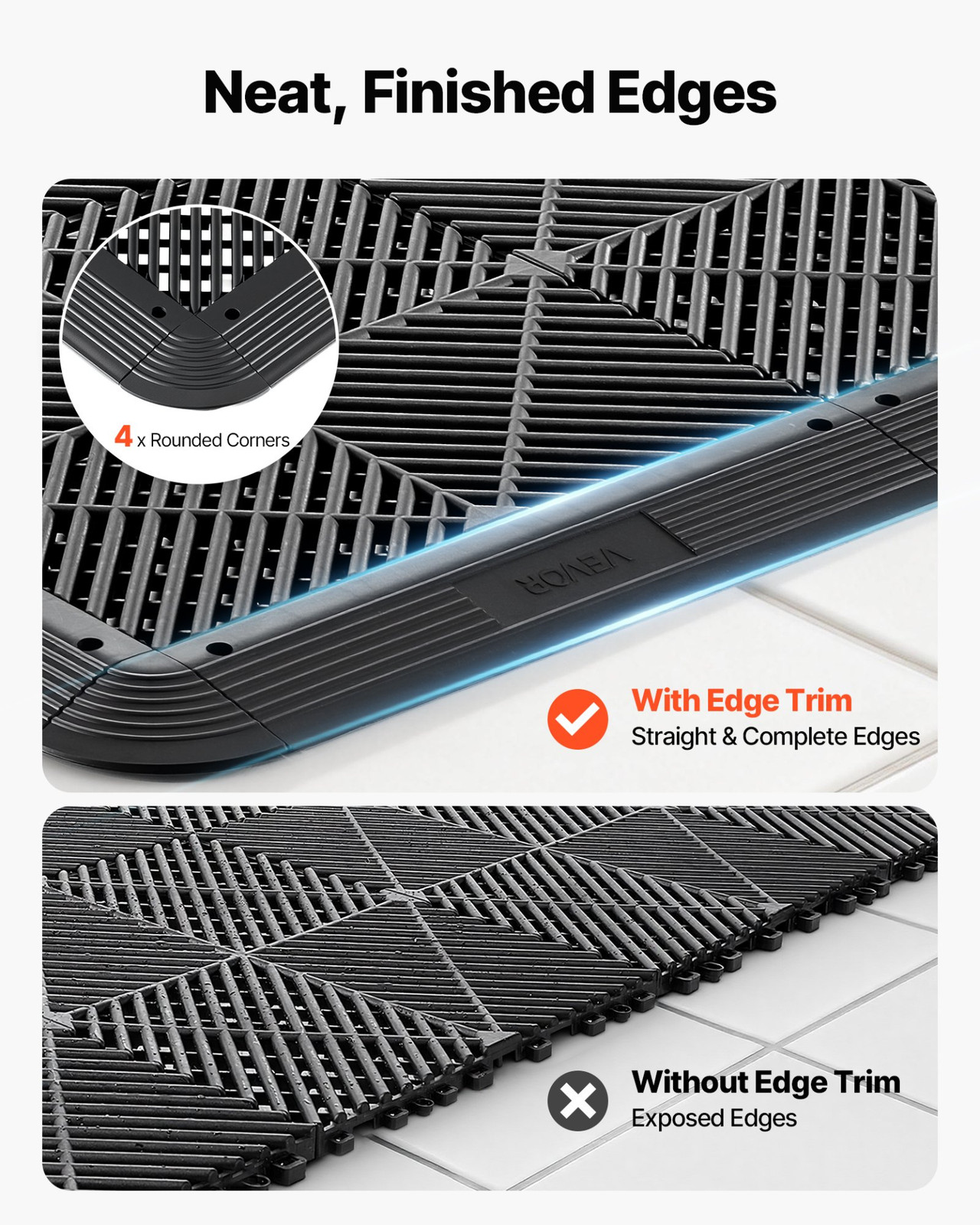11PC Straight Garage Floor Edge Kit for VEVOR Drainage Mats Black PP Edging