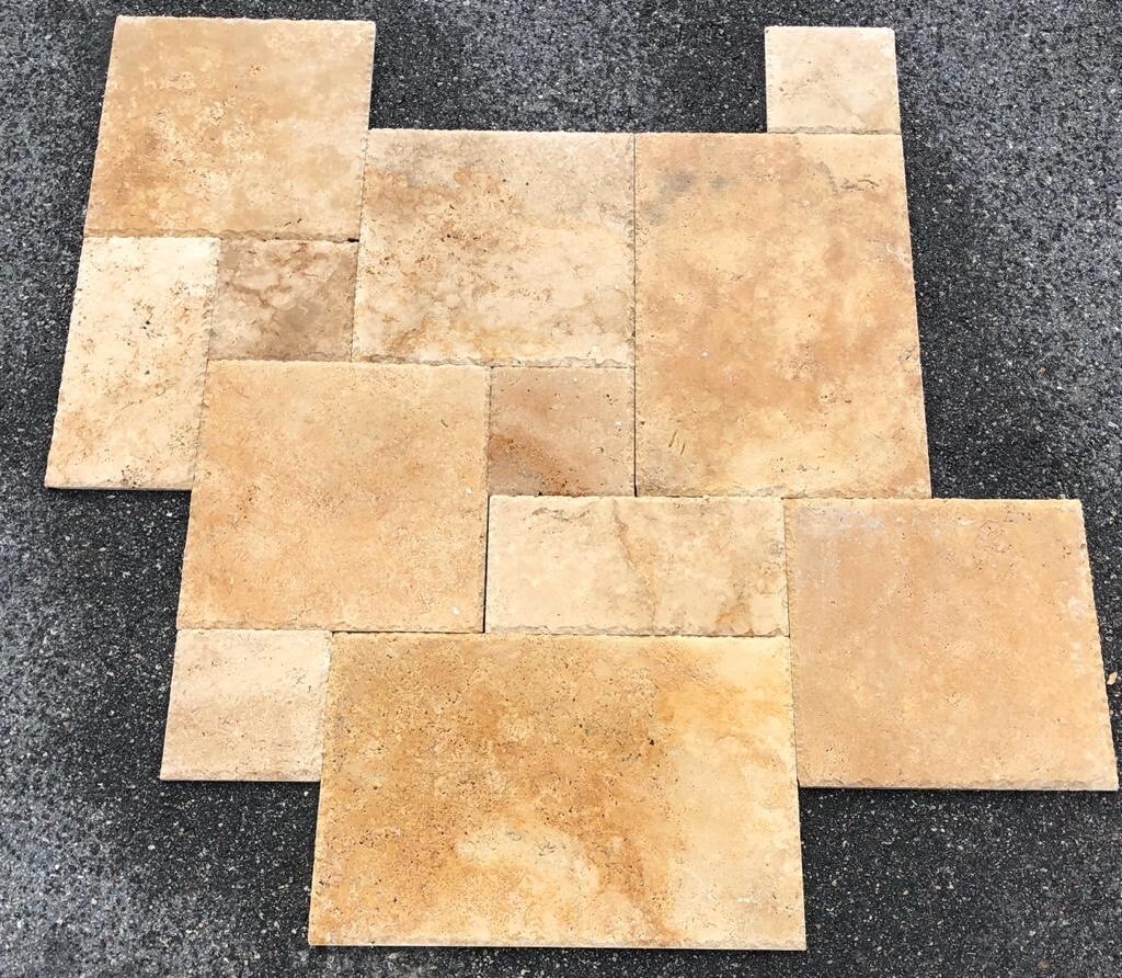 SUNSET IVORY TRAVERTINE FRENCH PATTERN TILES BRUSHED CHISELED EDGE