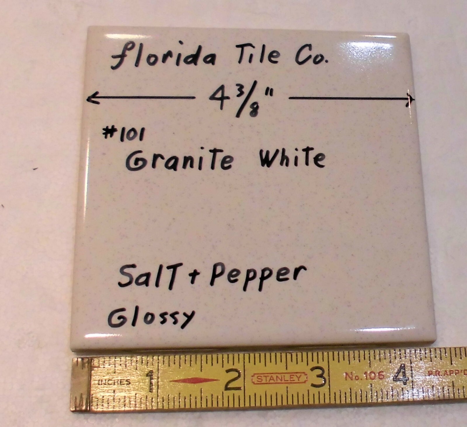 1 pc. Salt + Pepper / Granite White: 4-3/8″ Glossy Ceramic Tile by Florida Co.