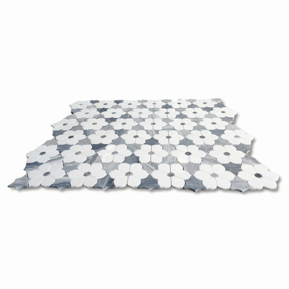 T9E7XP Thassos & Gray Marble Waterjet Magnolia Flower Accent Tile Polished
