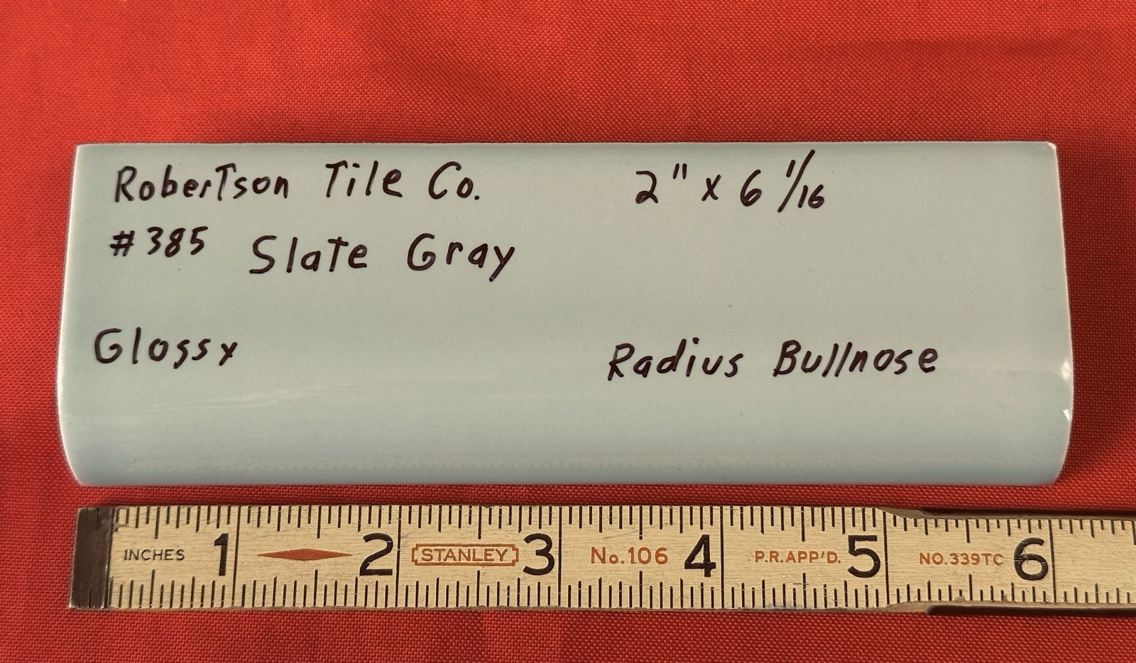 1 pc. Vintage *Slate Gray* Ceramic Tile; 2″ X 6″ Radius Bullnose: by Robertson