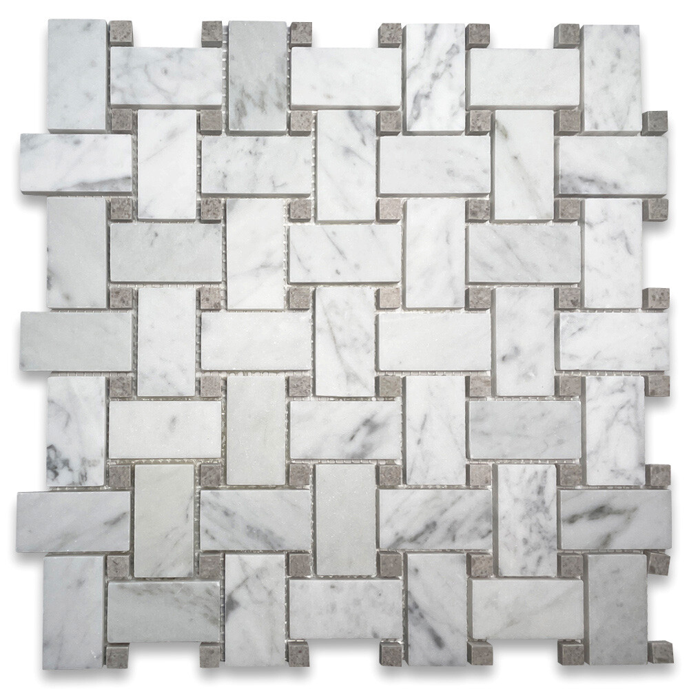 C653XH Carrara White Marble 1×2 Basketweave Mosaic Tile Gray Dots Honed