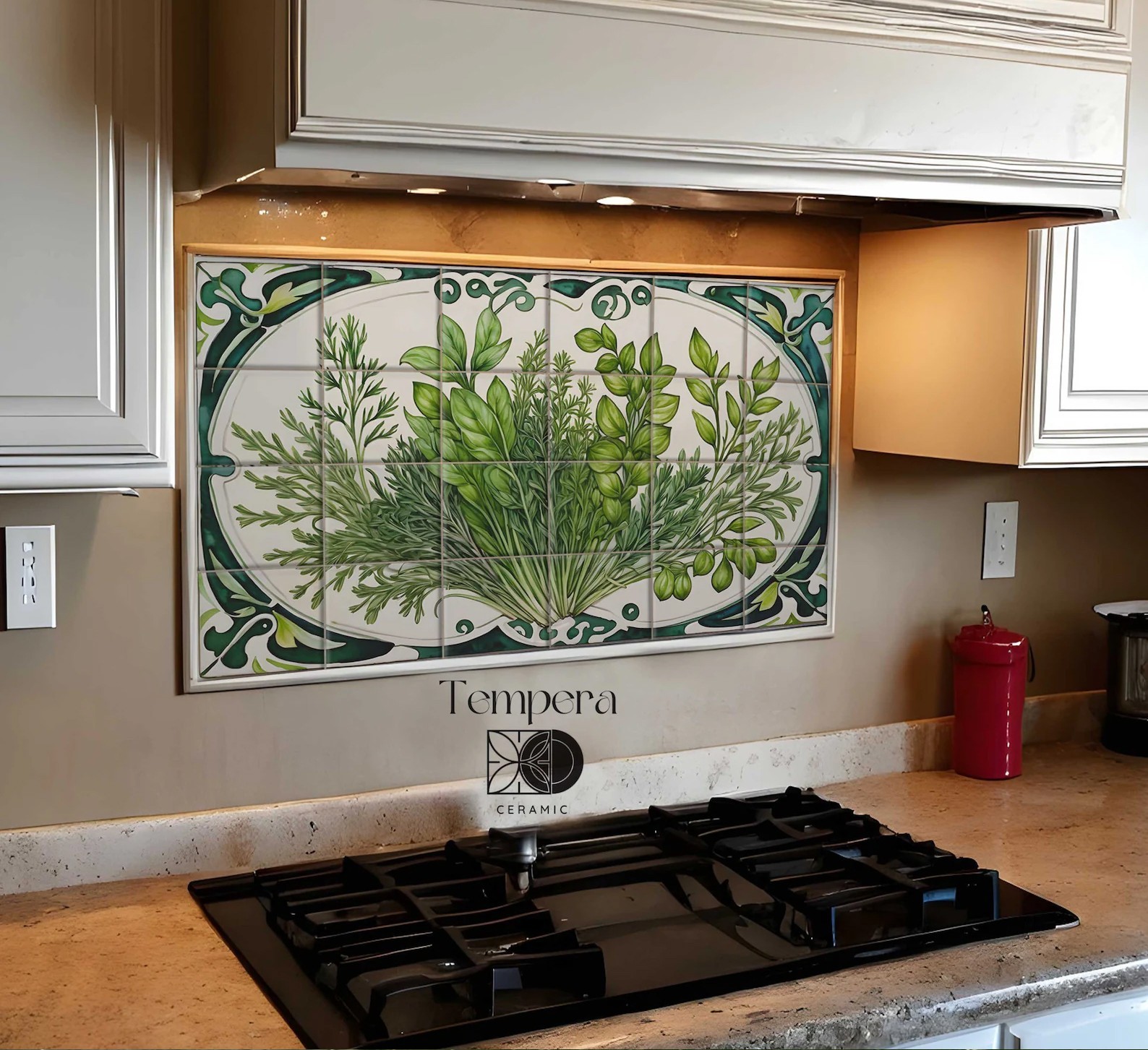 Green Herbs Backsplash Tiles, Botanical Accent for Kitchen Spaces, Herbs Tiles