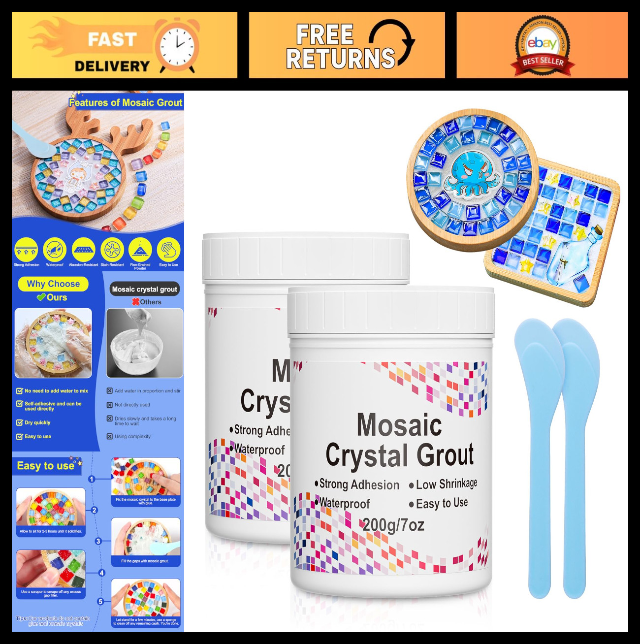 Mosaic Crystal Grout Kit & Sealant with Scraper for DIY Tile Projects – 14oz
