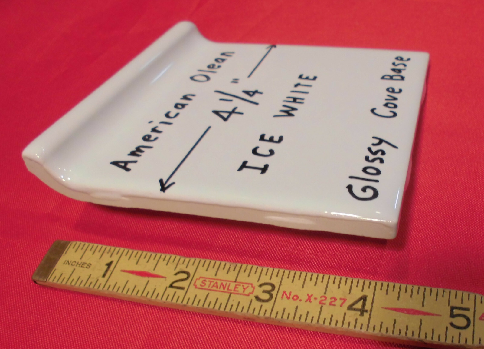 1 pc. Glossy Ice White: stack-on base/cove Ceramic Tile; 4-1/4″ X 4-1/4″ NEW