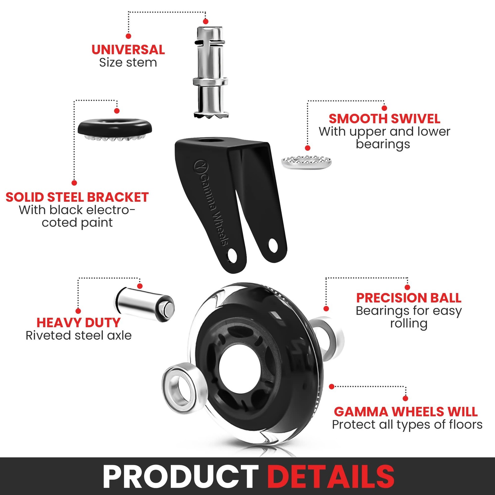 Premium Gamma Office Chair Wheels Black, Pack of 5, 7/16 x 7/8 Inch – Heav