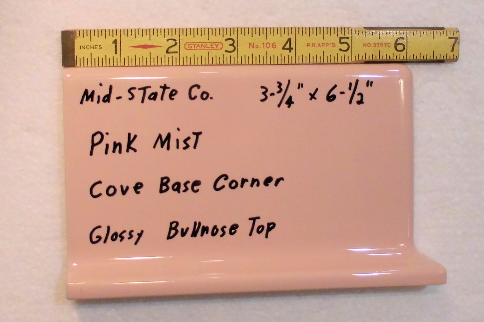 1 pc. *Pink Mist* Finish Corner Bullnose Top cove/base Ceramic Tile 3.75″ X 6.5″
