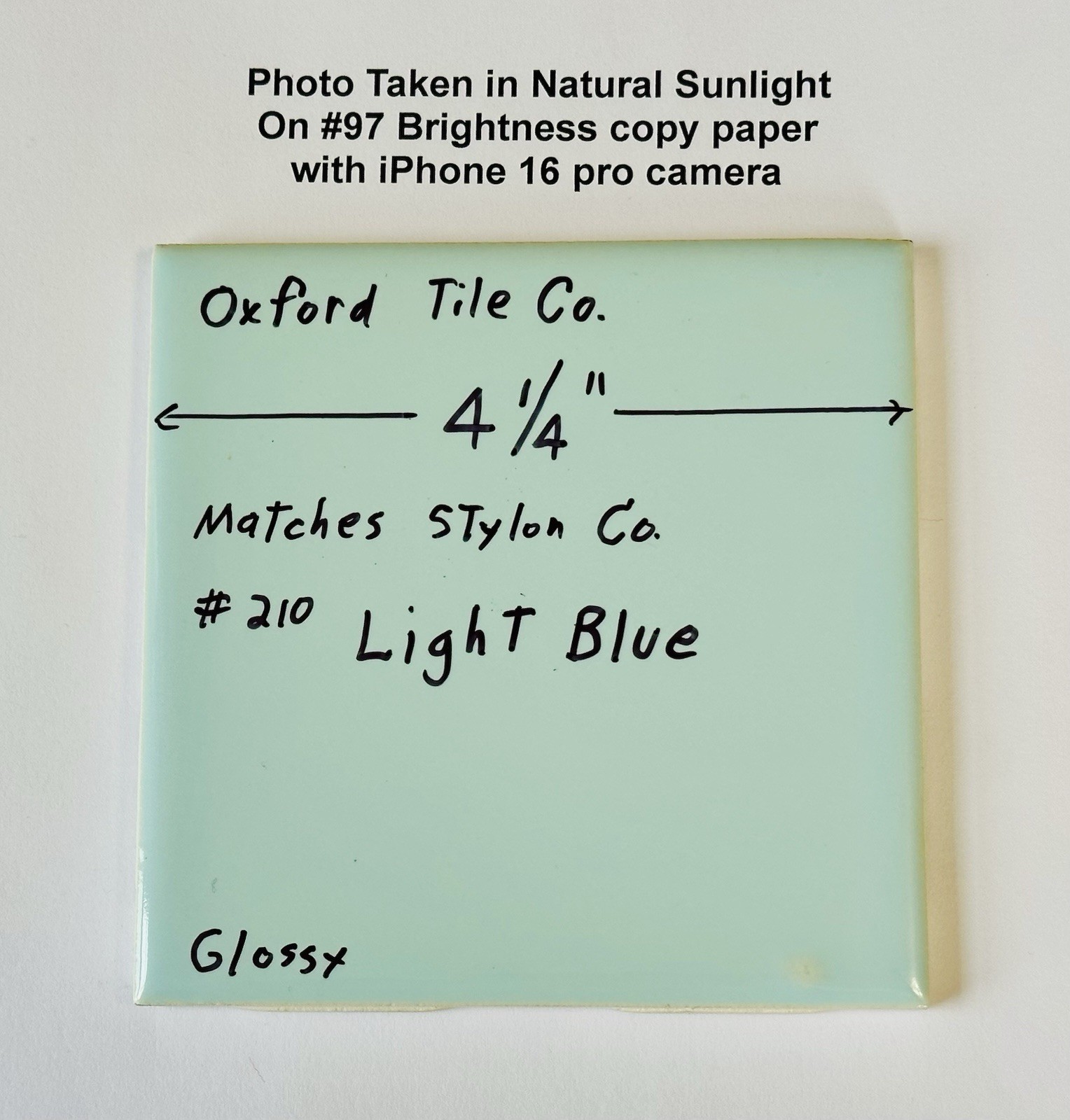 1 pc. Light Blue: 4-1/4″ Glossy Ceramic Tile by Oxford Co. matches Stylon #210
