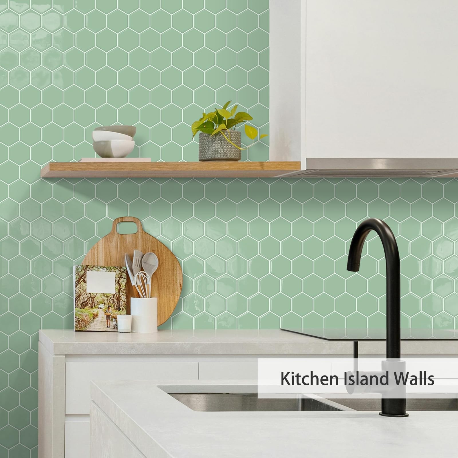 Sage Green Hexagon Peel and Stick Backsplash,12 x 12 Self Adhesive Back Splas…