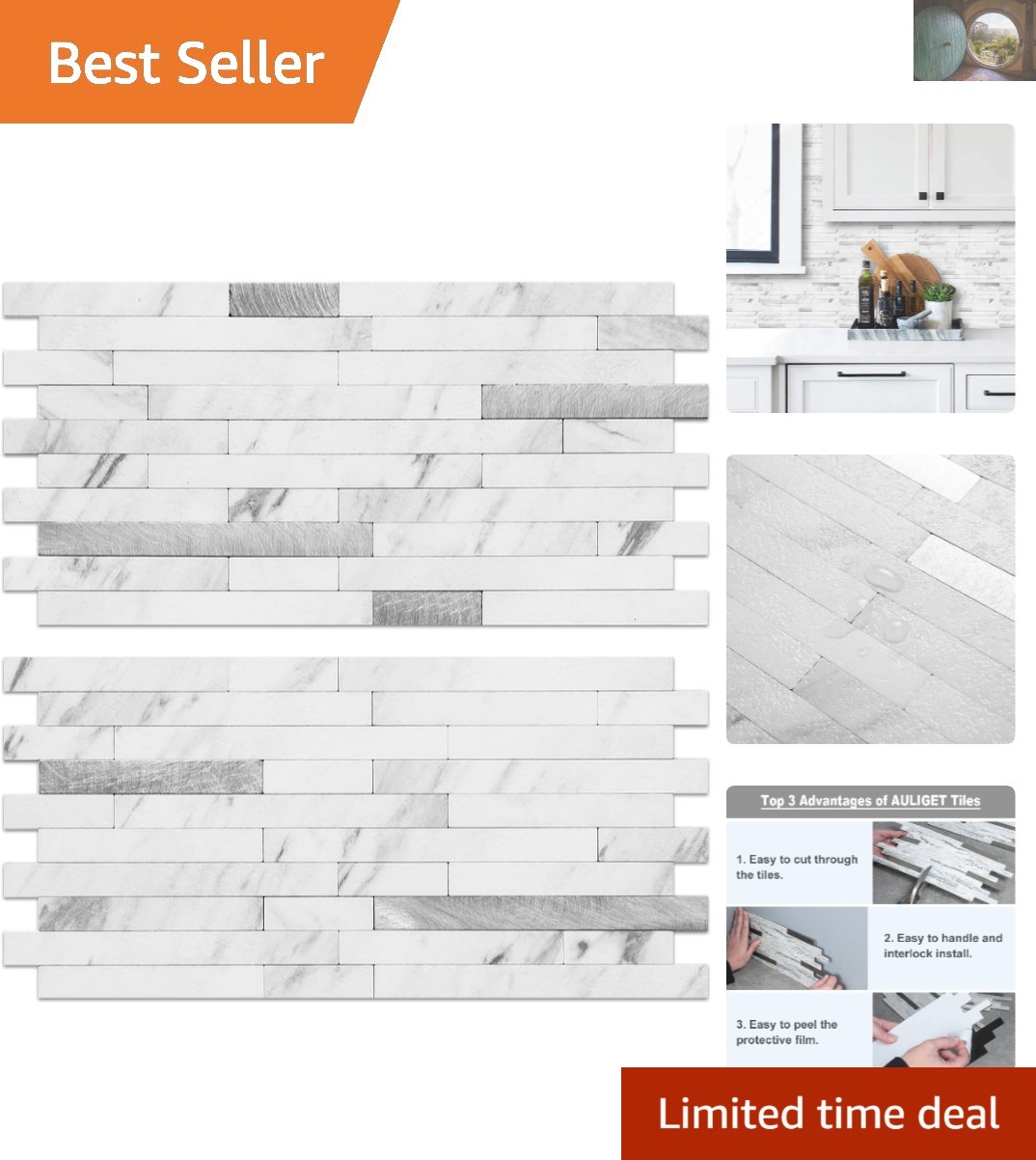 Textured PVC White Marble Peel and Stick Tiles – 20 Sheets, Ideal for Kitchens