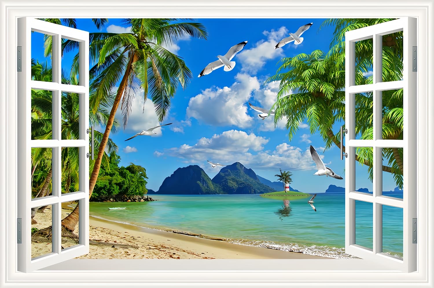 3D -Adhesive Painting Fake Window Wall Stickers Tropical Island with Palm Tre…
