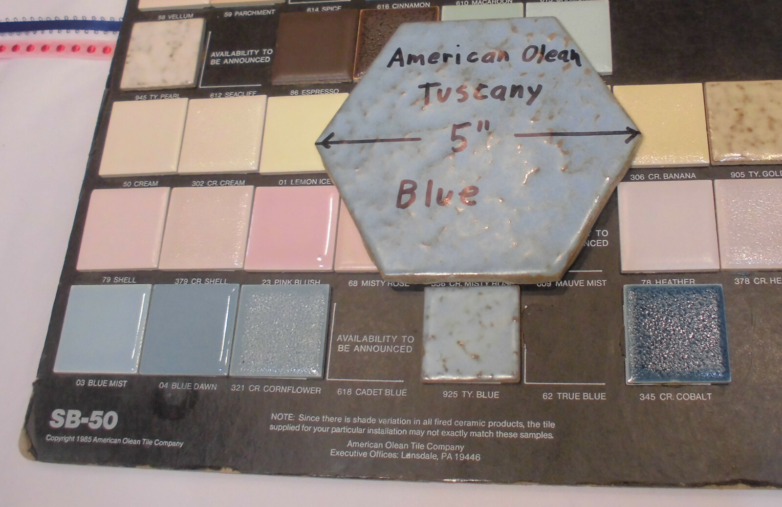 1 pc. *Blue Hexagon* Ceramic 5″ Tiles: Tuscany Glaze by American Olean 4-3/8″