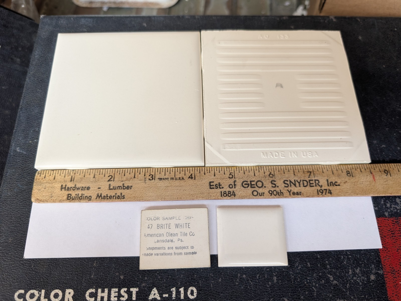 2 pcs American Olean Ceramic Tile Gloss Brite White #47 4-1/4″ 1950s 1960s 70s