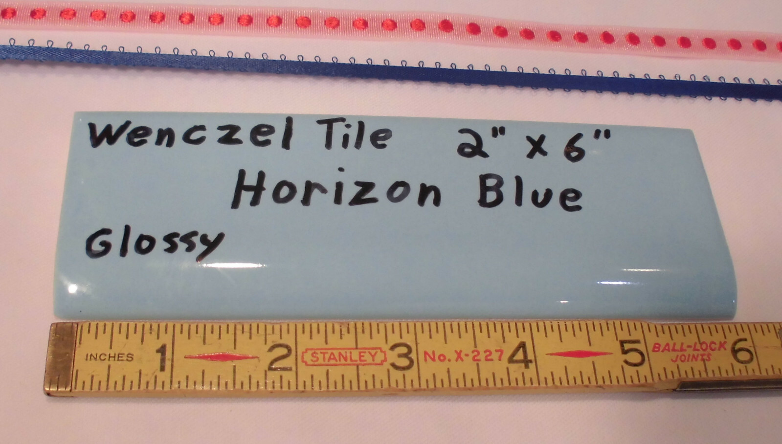 1 pc. Glossy *Horizon Blue* 2” X 6” Bullnose Ceramic Tile by Wenczel Co. NOS