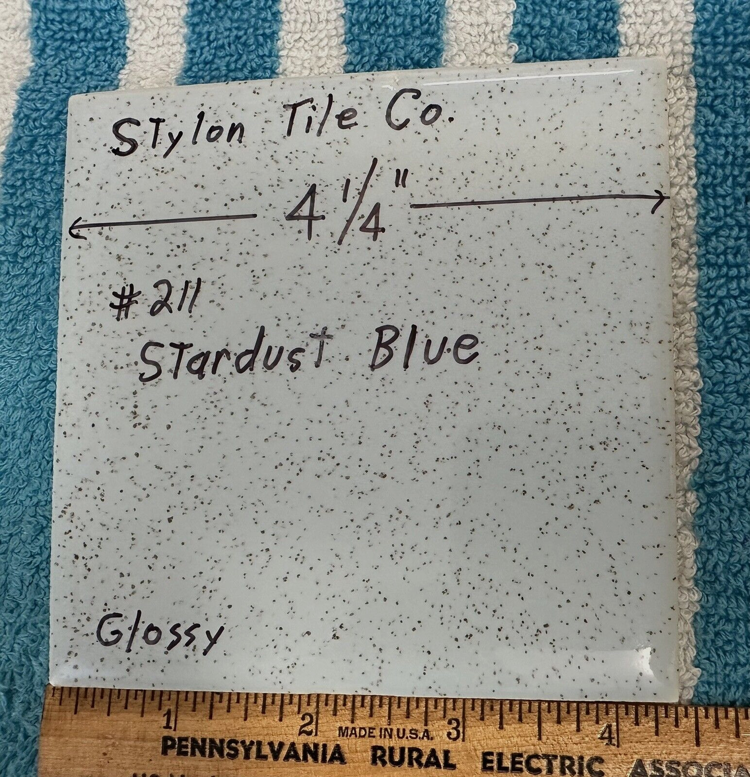 1 pc. Stardust Blue: 4-1/4″ Glossy Speckled Ceramic Tile by Stylon, Clean, Used