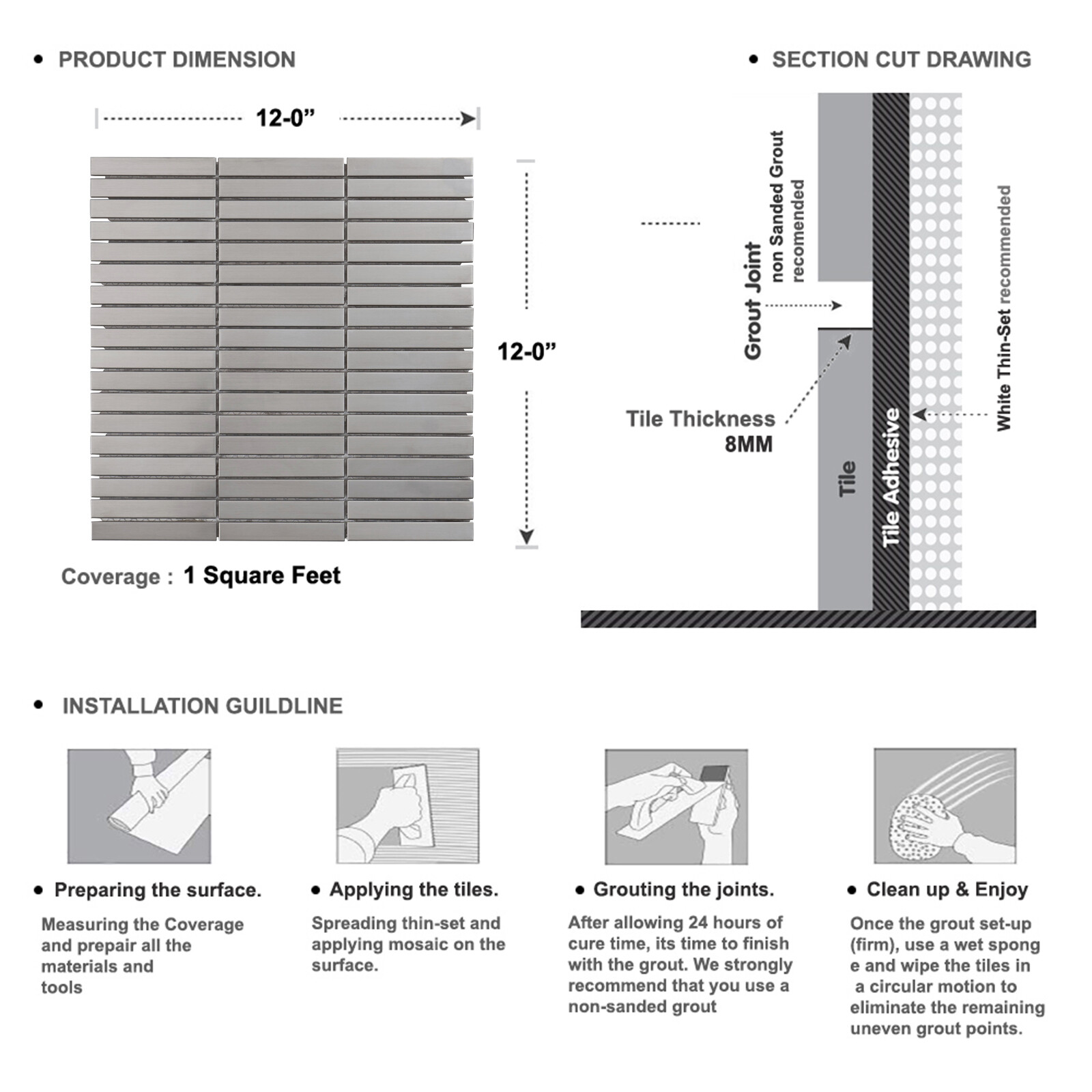 Brushed Nickle Stainless Steel Metallic Metal Stacked Mosaic Tile Backsplash