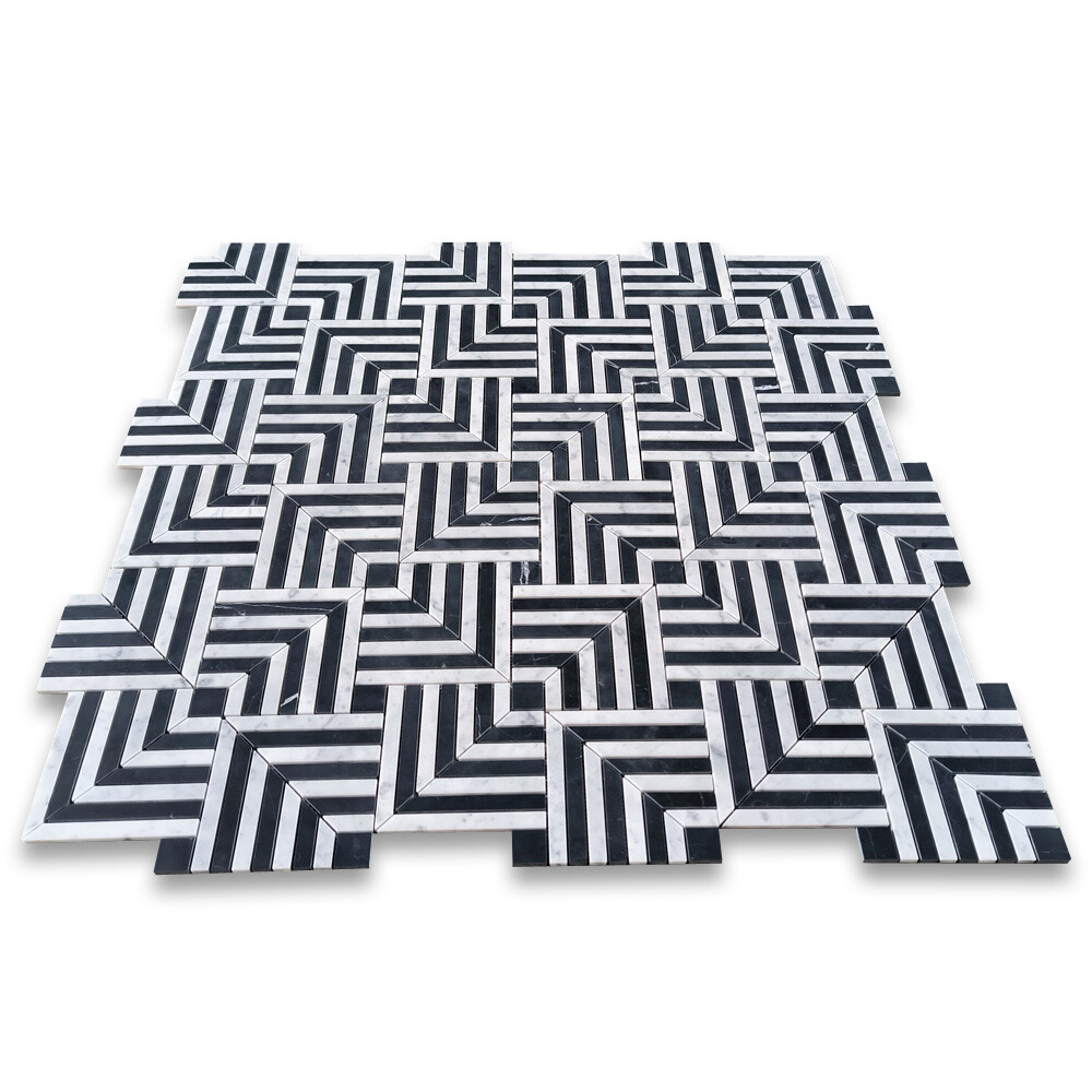 C7K1XH Carrara White Nero Marquina Black Marble Maze Square Weave Mosaic Tile