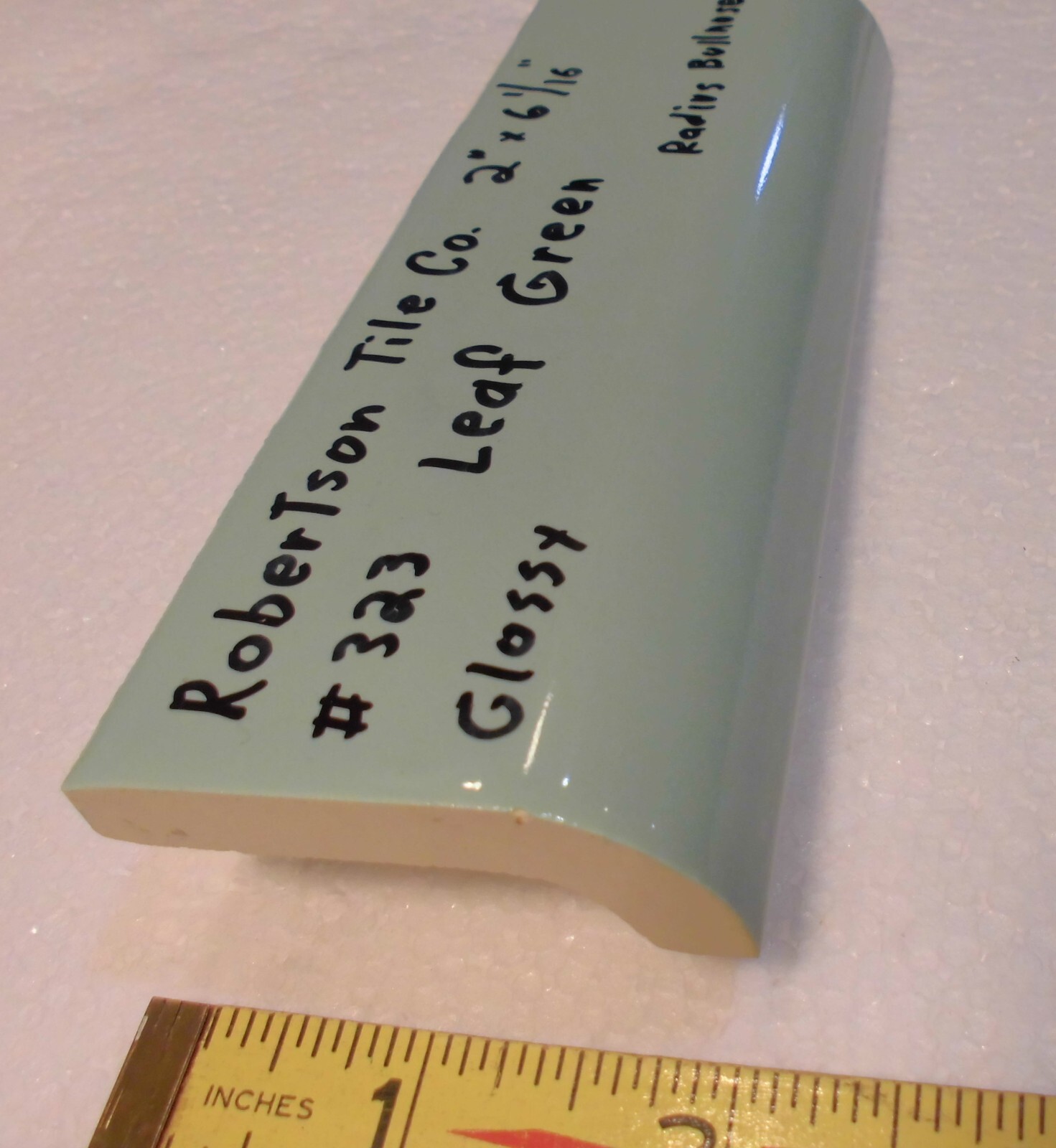 1 pc. Leaf Green: 2″ X 6-1/16″ Glossy Ceramic Radius Bullnose Tile: Mudd Caps,