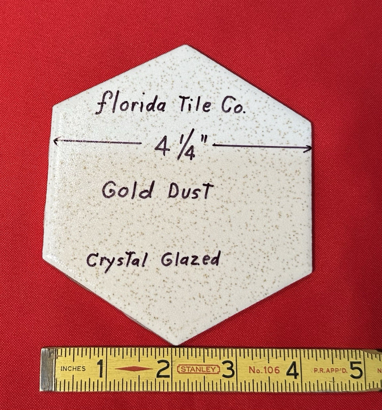 1 pc. 4-1/4″ Gold Dust: Hexagon Crystal Glazed Ceramic Tile by Florida Co. NOS