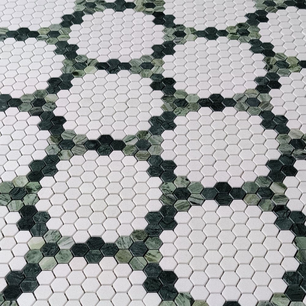 T31F92XH Thassos White Marble Pinnacle Hexagon?Green Garland Mosaic Tile Honed