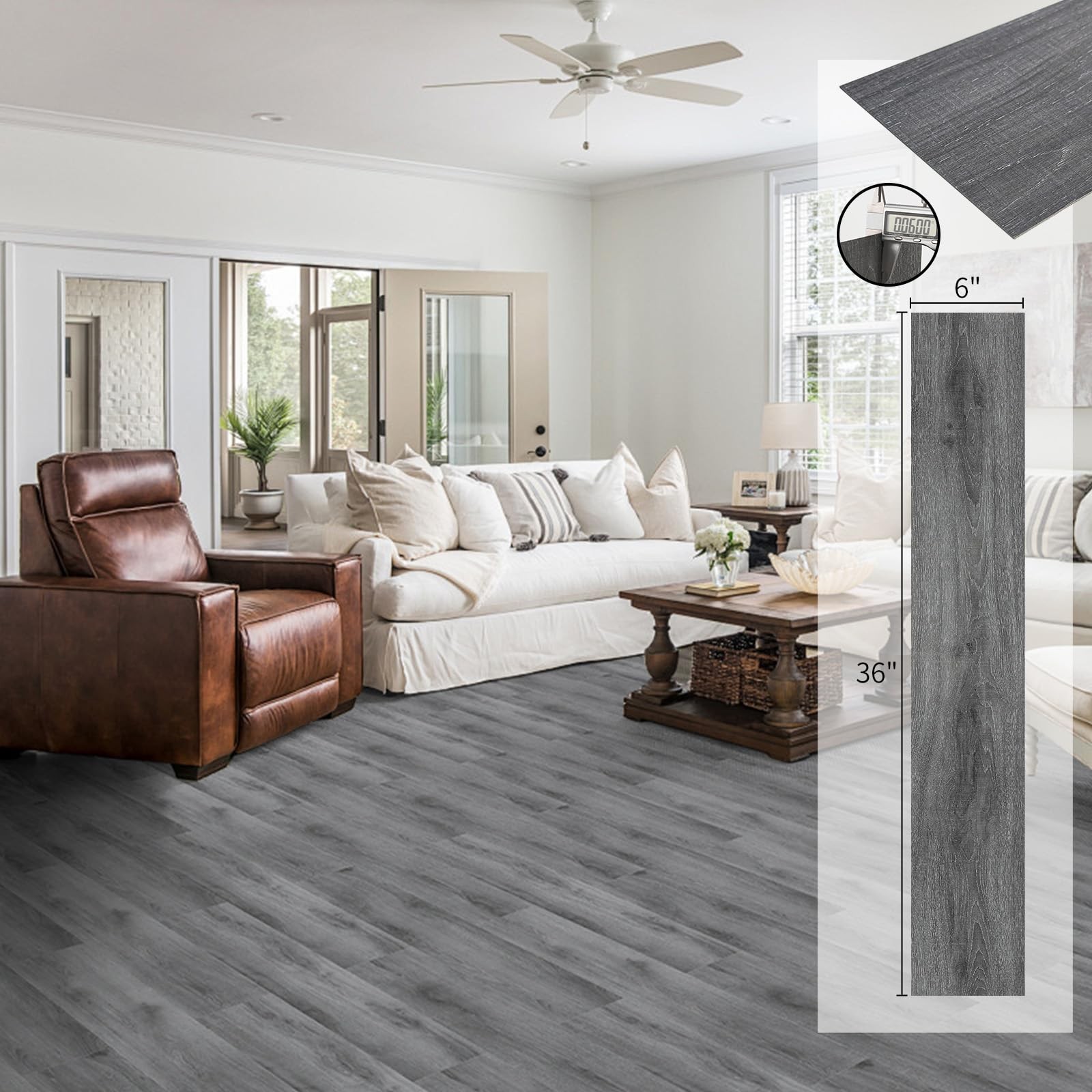 Peel and Stick Floor Tile, 54 Sq.Ft 36 Pieces 36″x6″ Long Vinyl Flooring, 1.5…