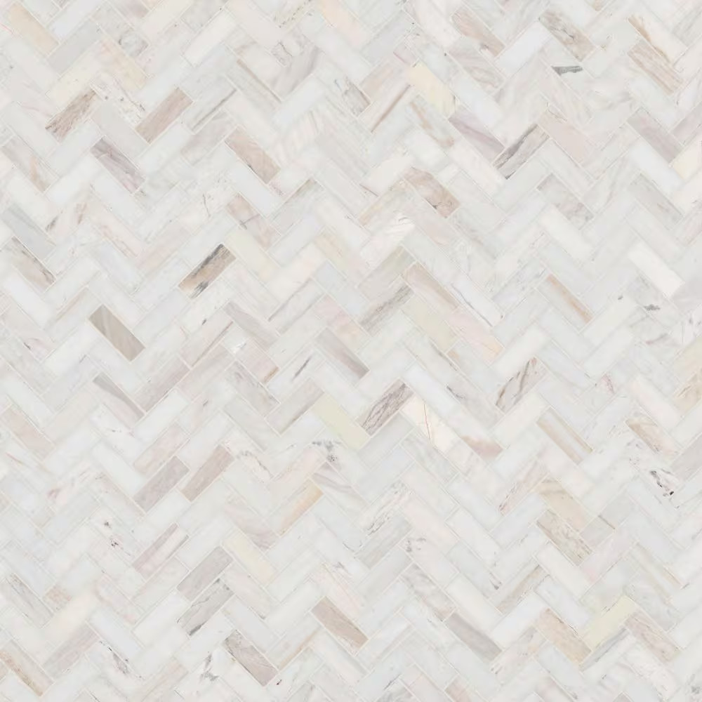 Angora Herringbone 12 In. X 12 In. X 0.38 In. Polished Marble Mesh-Mounted Mosai
