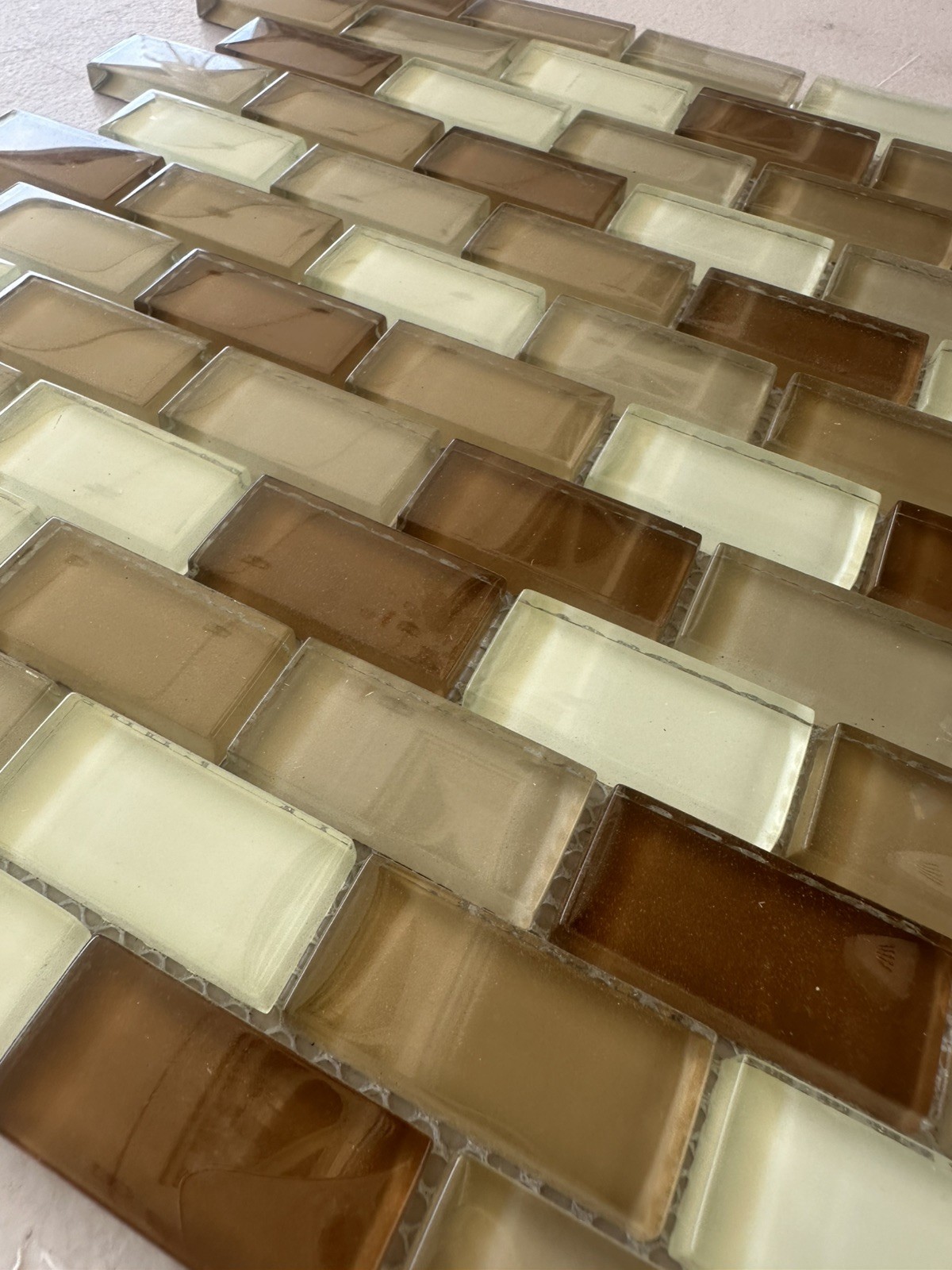 Light Beige 1×2 inch Mix Glossy Glass Mosaic Offset Mesh Mounted
