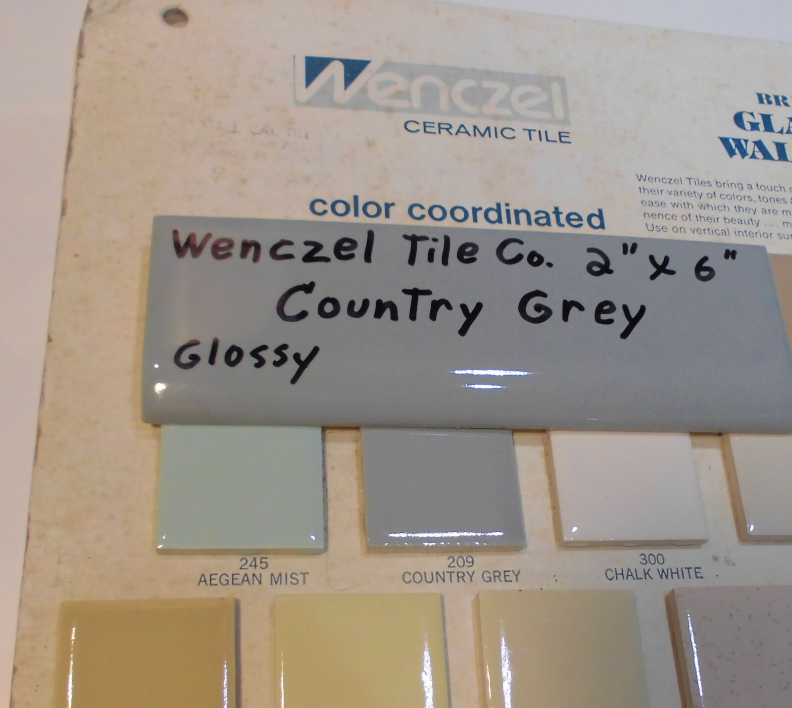 1 pc. Vintage Glossy *Country Gray* 2” X 6” Bullnose Ceramic Tile by Wenczel Co.