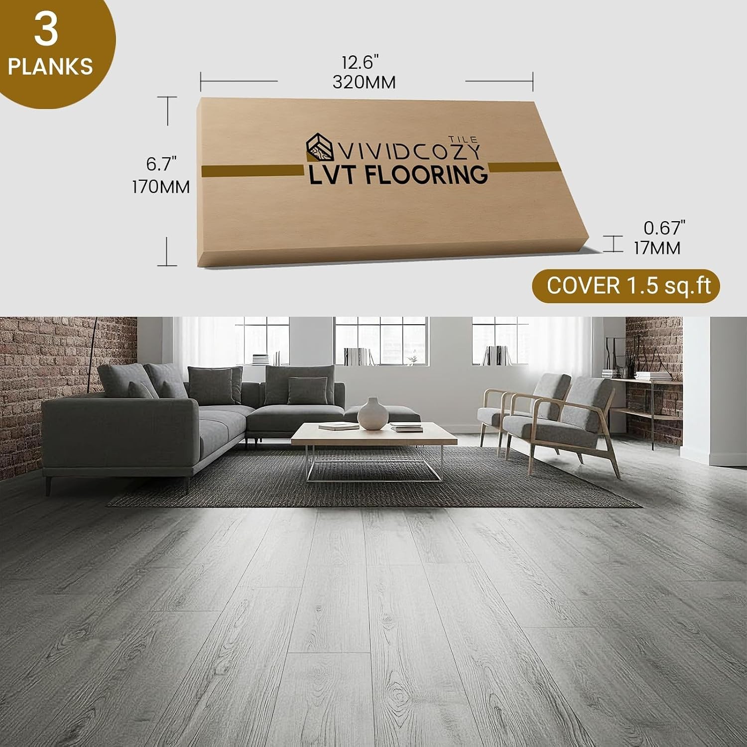 Peel and Stick Vinyl Floor Tile Sample Kit 3-Pack, 12″x6″ Ash Grey Wood Look,…